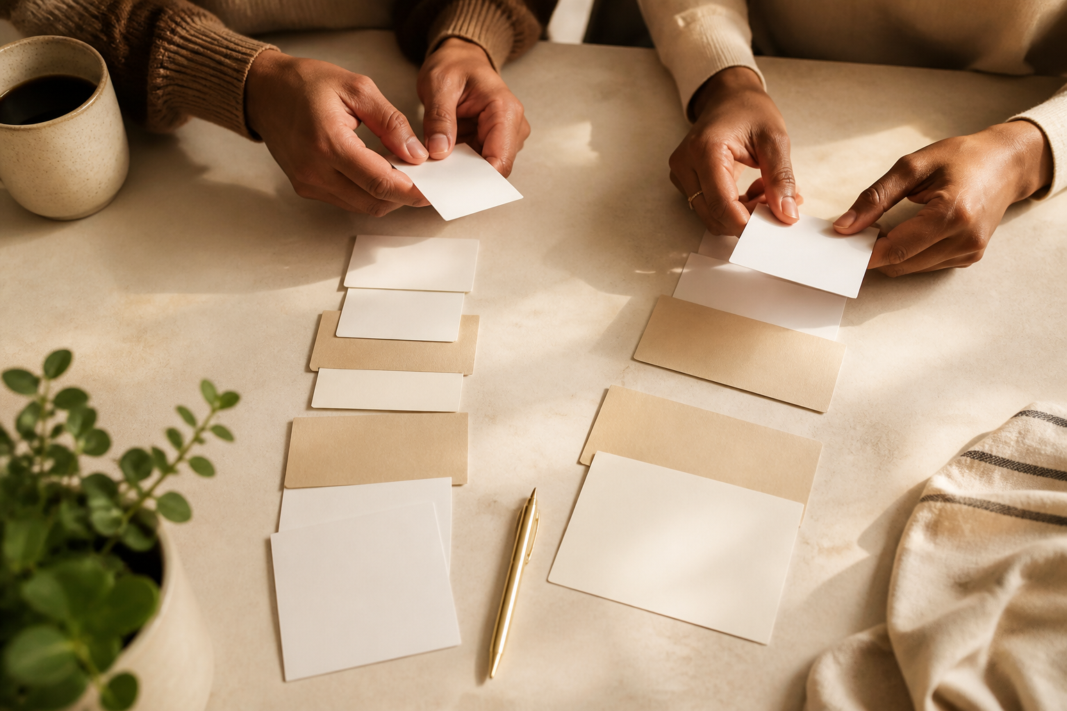 Two people sorting options into two paths at a sunlit table